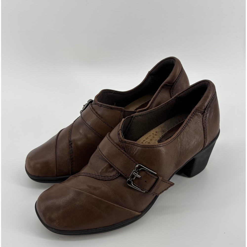 Earth Origins Margaret Heels Women's 7.5 Brown Leather Buckle Strap Block Heel
